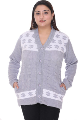WOOL 4U Woven V Neck Casual Women Grey Sweater