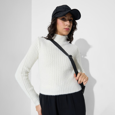 Honey By Pantaloons Solid High Neck Casual Women Beige Sweater