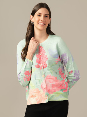 Albion Floral Print Round Neck Casual Women Green Sweater