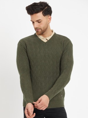 DUKE Self Design V Neck Casual Men Green Sweater