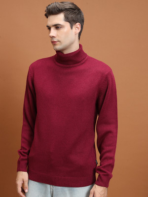 HIGHLANDER Solid High Neck Casual Men Red Sweater