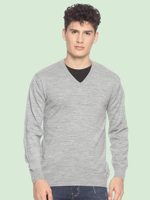 GAINELL Solid V Neck Casual Men Grey Sweater