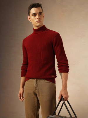 Dennis Lingo Self Design Turtle Neck Casual Men Maroon Sweater