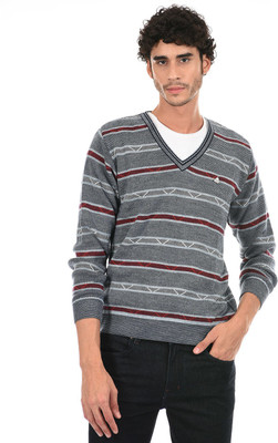 Cloak & Decker By Monte Carlo Striped V Neck Casual Men Grey Sweater