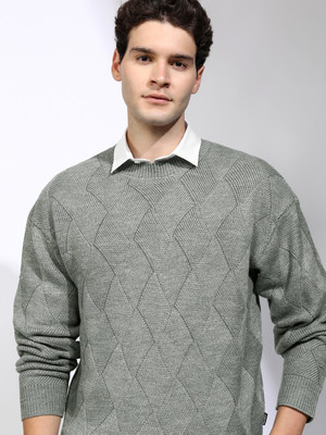 HIGHLANDER Self Design Round Neck Casual Men Grey Sweater