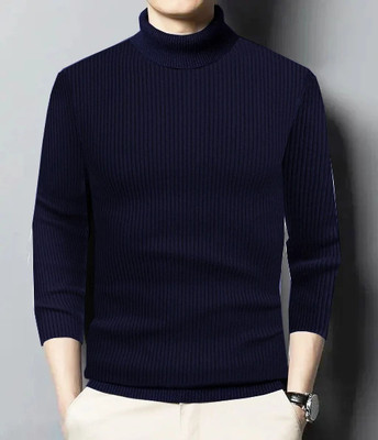 HOSUEOFCOMMON Self Design High Neck Casual Men Dark Blue Sweater