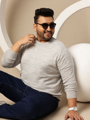 Sztori Solid Round Neck Casual Men Grey Sweater