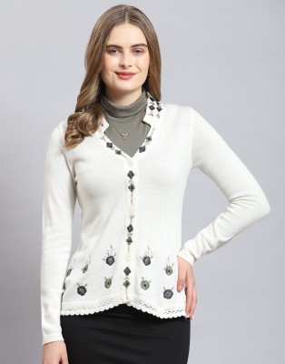 MONTE CARLO Embroidered V Neck Casual Women White Sweater