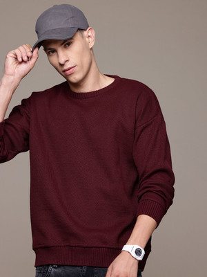 Roadster Self Design Round Neck Casual Men Brown Sweater
