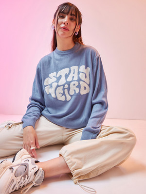 BEWAKOOF Printed Round Neck Casual Women Blue, White Sweater