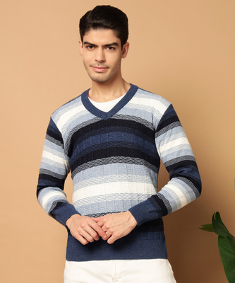 HELL BOUND Colorblock V Neck Casual Men Blue Sweater