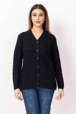 Dodge Self Design V Neck Casual Women Black Sweater