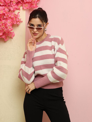 Roadster Striped Round Neck Casual Women Pink Sweater