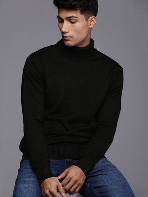 WROGN Solid High Neck Casual Men Black Sweater