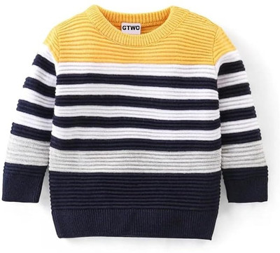 GTwo Striped Round Neck Casual Boys & Girls Yellow Sweater