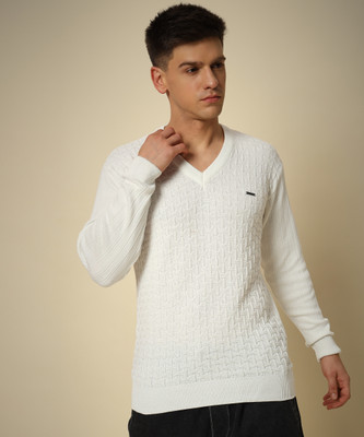 TWOCRAZIIE Self Design V Neck Casual Men White Sweater