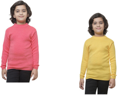 IndiWeaves Solid Round Neck Casual Boys Pink, Yellow Sweater