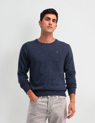 Arrow Sport Solid Crew Neck Casual Men Blue Sweater