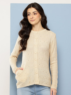 MUHURATAM Self Design Round Neck Casual Women White Sweater