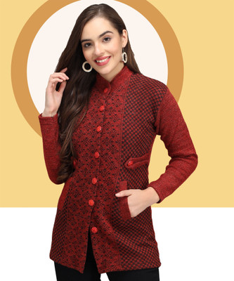 Christy World Printed Round Neck Casual Women Maroon Sweater