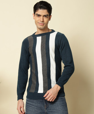 HELL BOUND Striped Round Neck Casual Men Blue Sweater