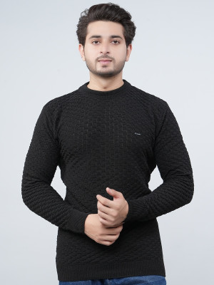 FEVERFEW Self Design Round Neck Casual Men Black Sweater