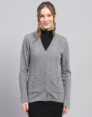 MONTE CARLO Self Design V Neck Casual Women Grey Sweater