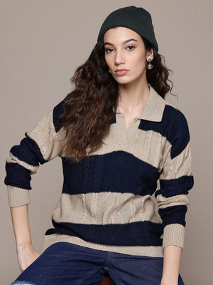 Roadster Striped Collared Neck Casual Women Blue Sweater