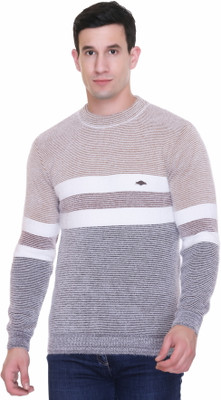 First Sleep Striped Round Neck Casual Men Brown Sweater