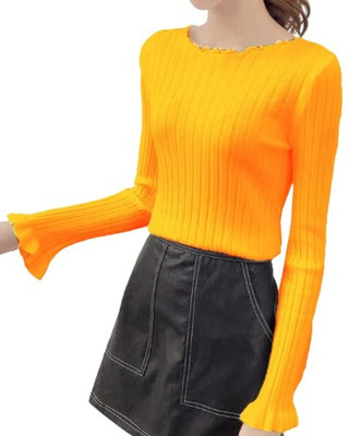 TAYLORED HOME Self Design Round Neck Casual Women Yellow Sweater