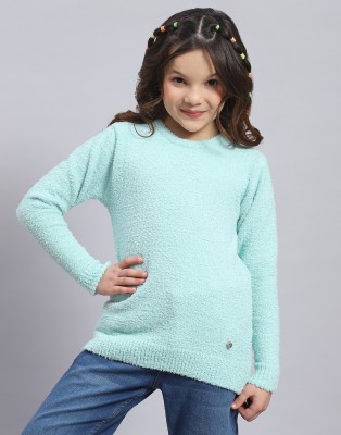 MONTE CARLO Solid Round Neck Casual Girls Blue Sweater