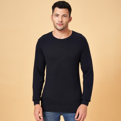 Byford by Pantaloons Self Design Round Neck Casual Men Dark Blue Sweater