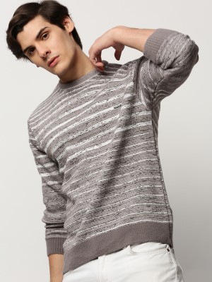 Showoff Woven Round Neck Casual Men Grey Sweater