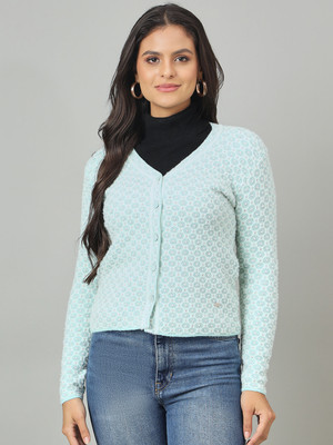 DUKE Self Design V Neck Casual Women Green Sweater