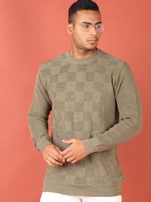 V-MART Self Design Round Neck Casual Men Dark Green Sweater