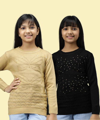 ANIXA Self Design Round Neck Casual Girls Multicolor Sweater