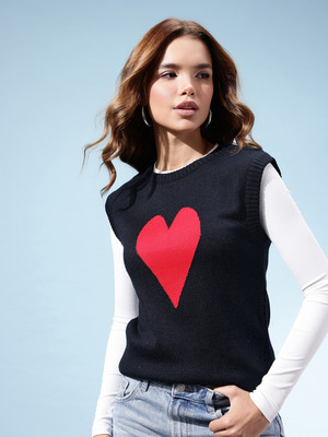 kasam Printed Round Neck Casual Women Dark Blue Sweater