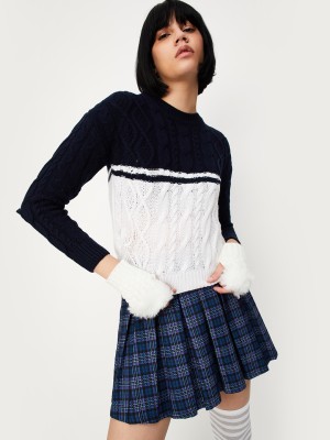 MAX Colorblock Round Neck Casual Women Blue, White Sweater