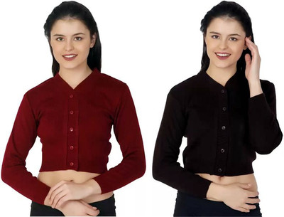 LITHISA Solid V Neck Casual Women Black, Maroon Sweater