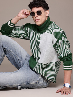Roadster Colorblock Turtle Neck Casual Men Green, White Sweater