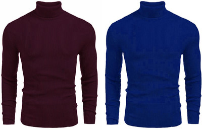 FASHLOOK Self Design High Neck Casual Men Maroon, Blue Sweater