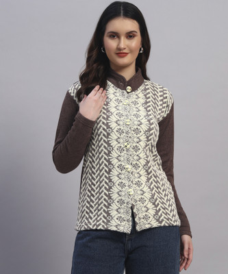 MOD YOUNG Self Design Mandarin Neck Casual Women Brown Sweater