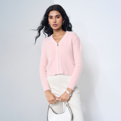 Honey By Pantaloons Solid V Neck Casual Women Pink Sweater