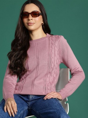 Dressberry Self Design Round Neck Casual Women Pink Sweater