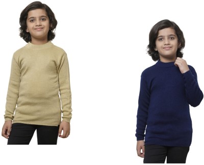 IndiWeaves Solid Round Neck Casual Boys Beige, Dark Blue Sweater