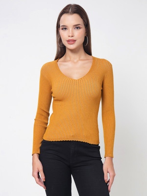 KALT Self Design V Neck Casual Women Yellow Sweater