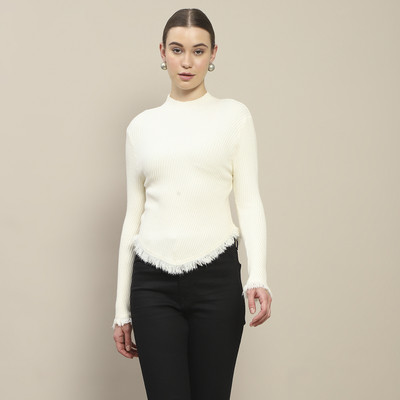 MADAME Solid Round Neck Casual Women Beige Sweater