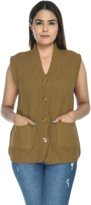 manra Self Design V Neck Casual Women Beige Sweater