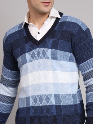 eWools Striped V Neck Casual Men Blue Sweater