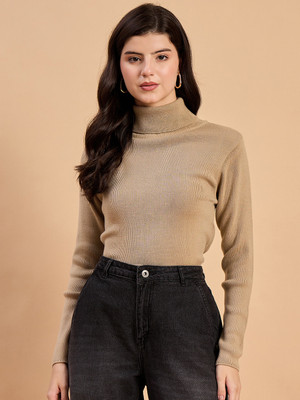 RVK Self Design High Neck Casual Women Beige Sweater